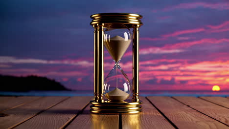 golden hourglass on wooden deck at sunset