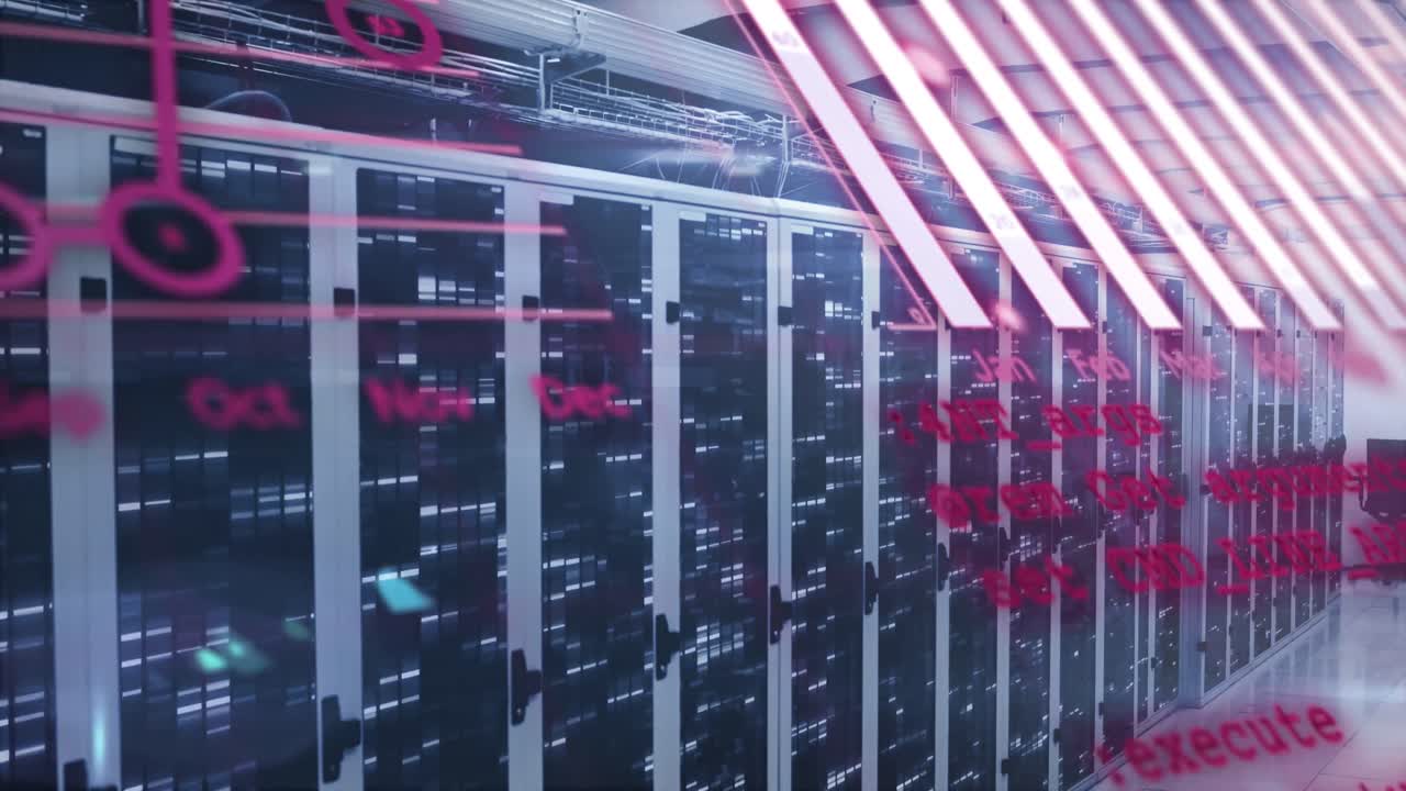 animación de gráficos, globos y lenguaje informático sobre barras en bastidores de servidores de datos
