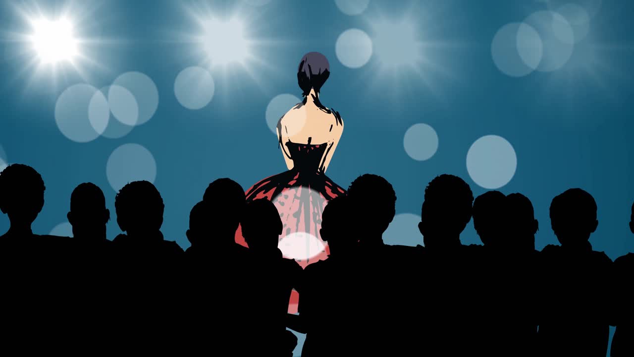 animación de moda dibujo de modelo en la pasarela en un desfile de moda, sobre fondo azul