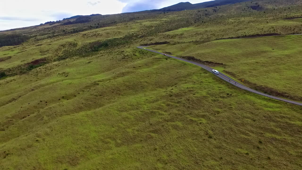 화창한 날 하와이의 잔디로 둘러싸인 산악 도로에서 운전하는 카라