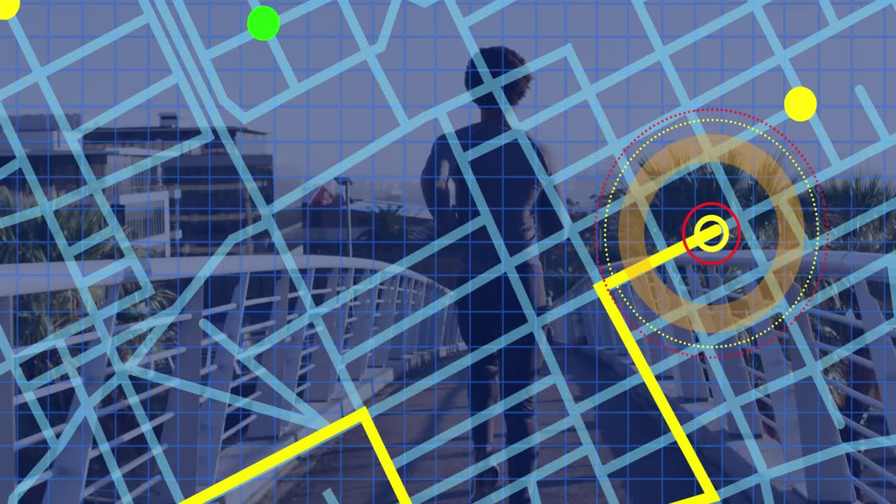 esquema de línea de mapa de navegación contra la vista trasera de un hombre en forma afroamericano corriendo