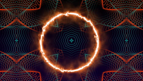 anillo de fuego sobre las formas de caleidoscopio abstractas verdes y naranjas en movimiento