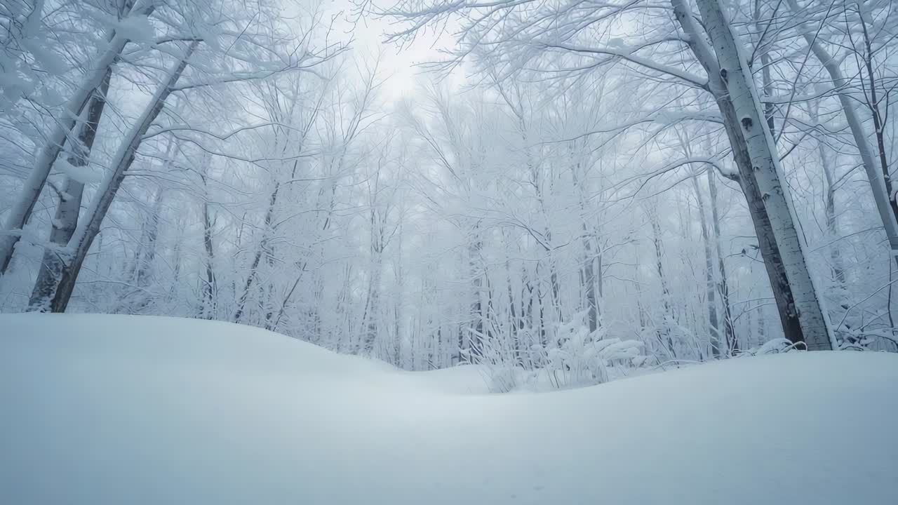 Moving camera starting forward angling right through snowy clearing showing snow mound birch trunks