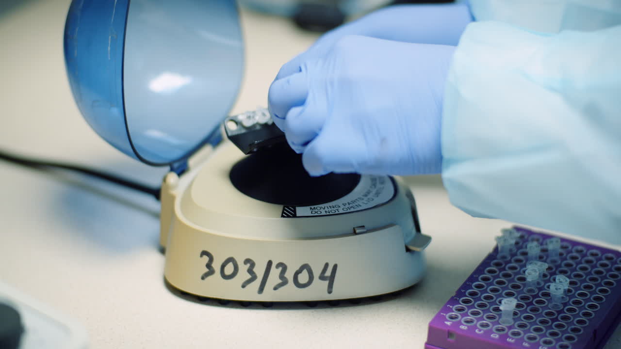 과학자는 생명 공학 분자 실험실에서 바이러스 샘플을 기계에 넣습니다.