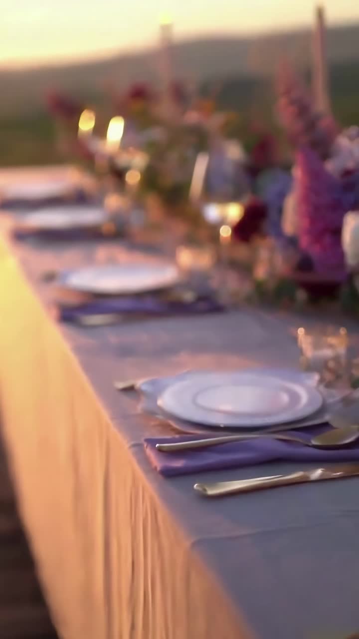 Elegante montaje de comedor al aire libre al atardecer, capturado en un video en primer plano desde un ángulo bajo