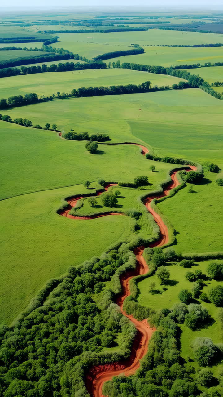 Aerial View of Winding Red Dirt Road Through Green Fields and Forest