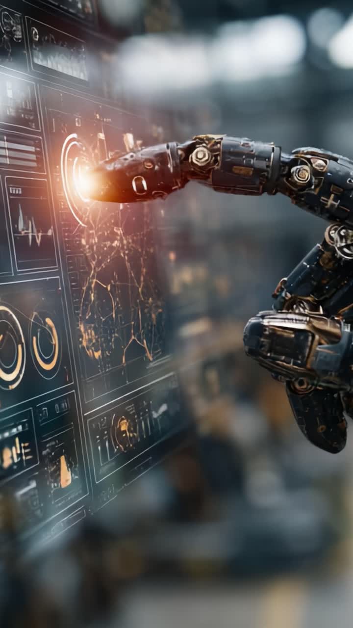 Advanced Robotics: A Futuristic Arm Interacting with a High-Tech Interface, Showcasing Cutting-Edge Innovations in Automation and Human-Machine Interaction