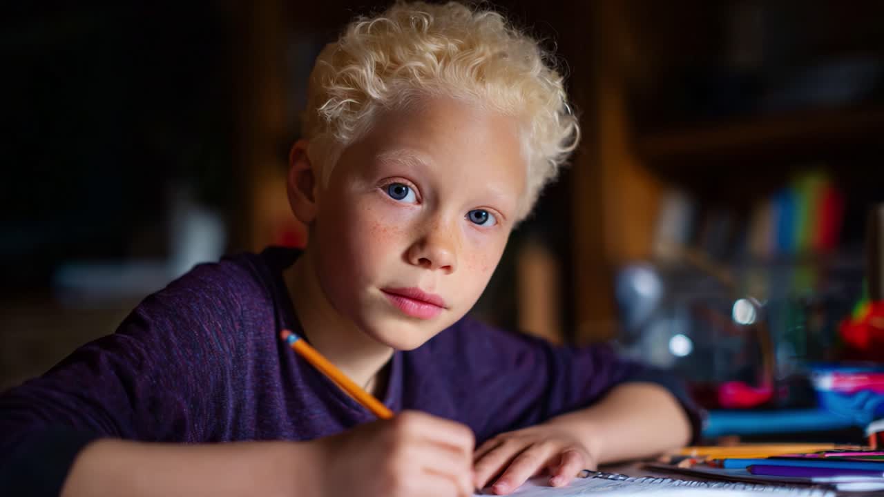 Un giovane ragazzo concentrato con capelli biondi ricci impegnato diligentemente a scrivere su un quaderno, che mostra creatività e concentrazione in un'atmosfera accogliente