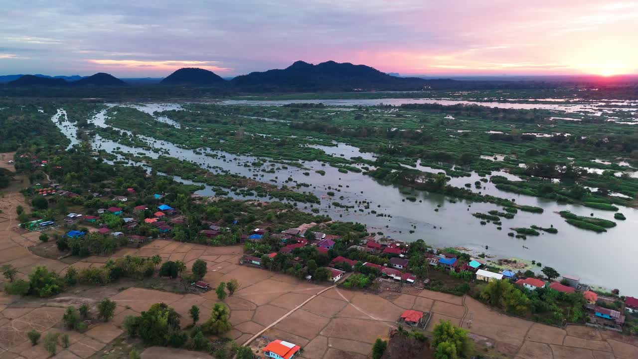Aerial Laos at sunset of Don det and 4000 island Mekong river