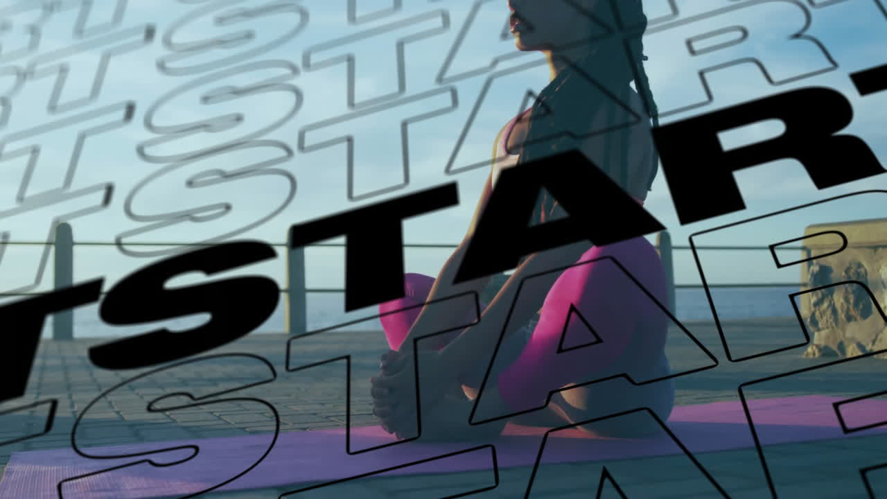 야외 매트에서 요가를 연습하는 사람 위에서 텍스트 애니메이션을 시작하십시오.