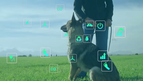 animation of ecology icons over caucasian woman petting her dog