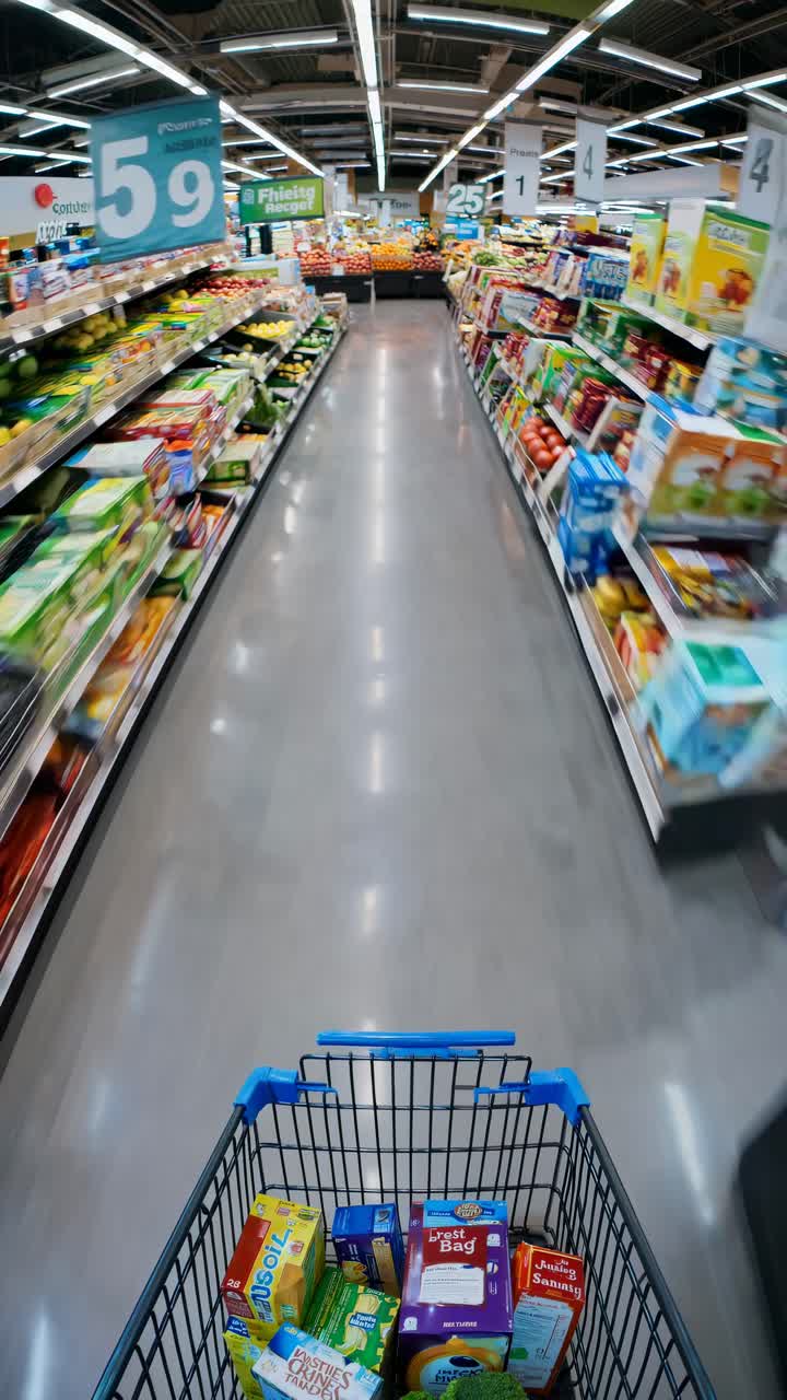 Dynamic wide-angle shot of a grocery aisle from a shopping cart's perspective, creating a fast-paced