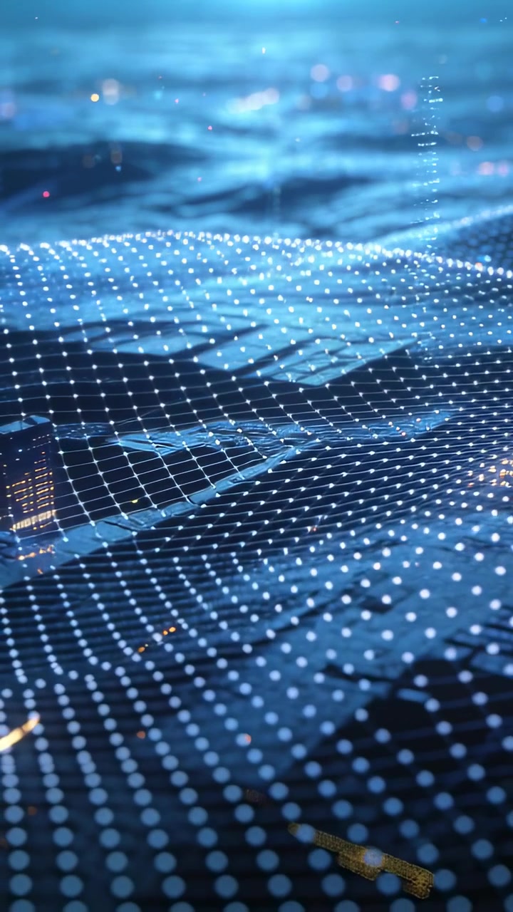 Vertical video: Rippling dotted mesh responding to pulse in virtual landscape, simulating data flow