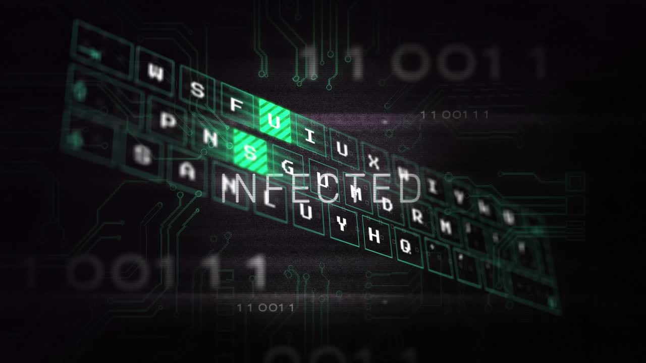 Animation of infected text over data processing on black background