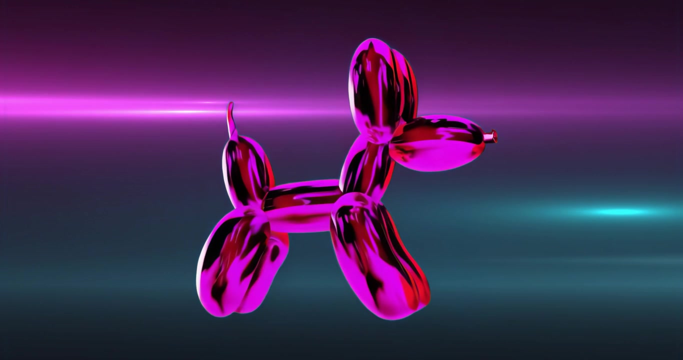 Dijital stüdyo açılışında, metalik pembe balon köpek heykeli dönerek neon yansımalarını sergiliyor.