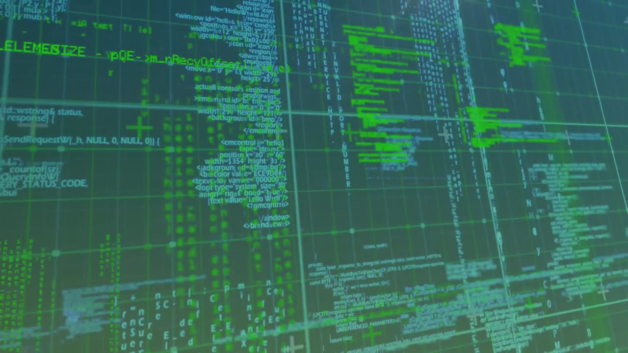 Animation of data processing over dark background