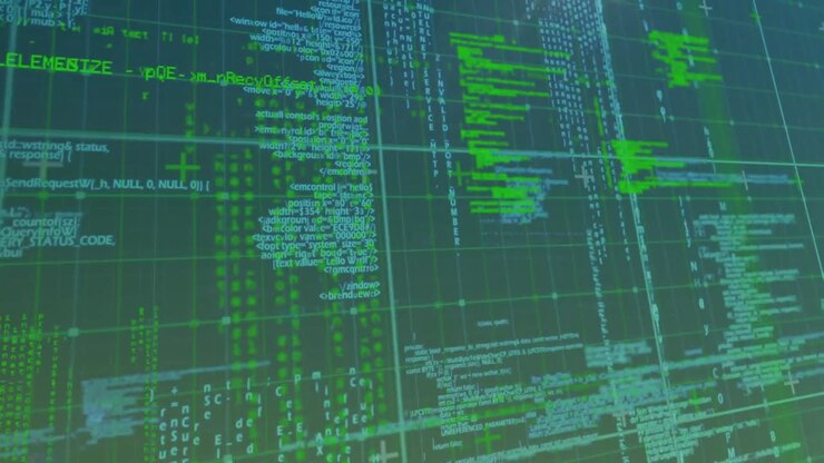 Animation of data processing over dark background