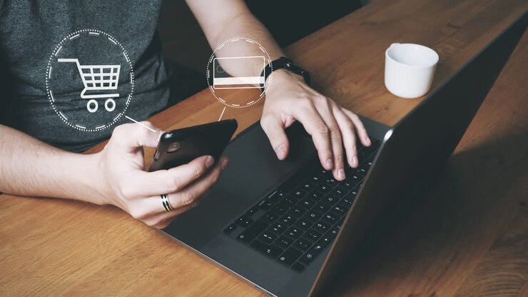 Person pays for online purchases with credit card from smartphone app