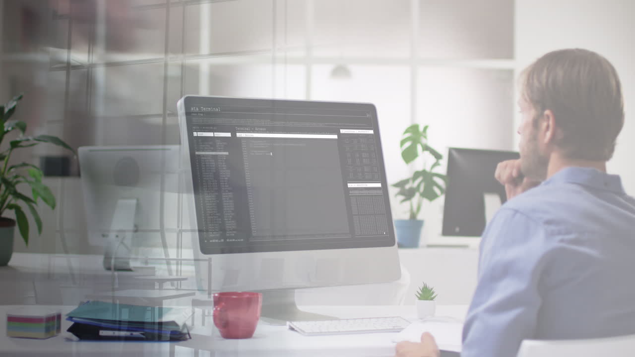 컴퓨터를 사용하는 백인 사업가와 는 사람들의 애니메이션