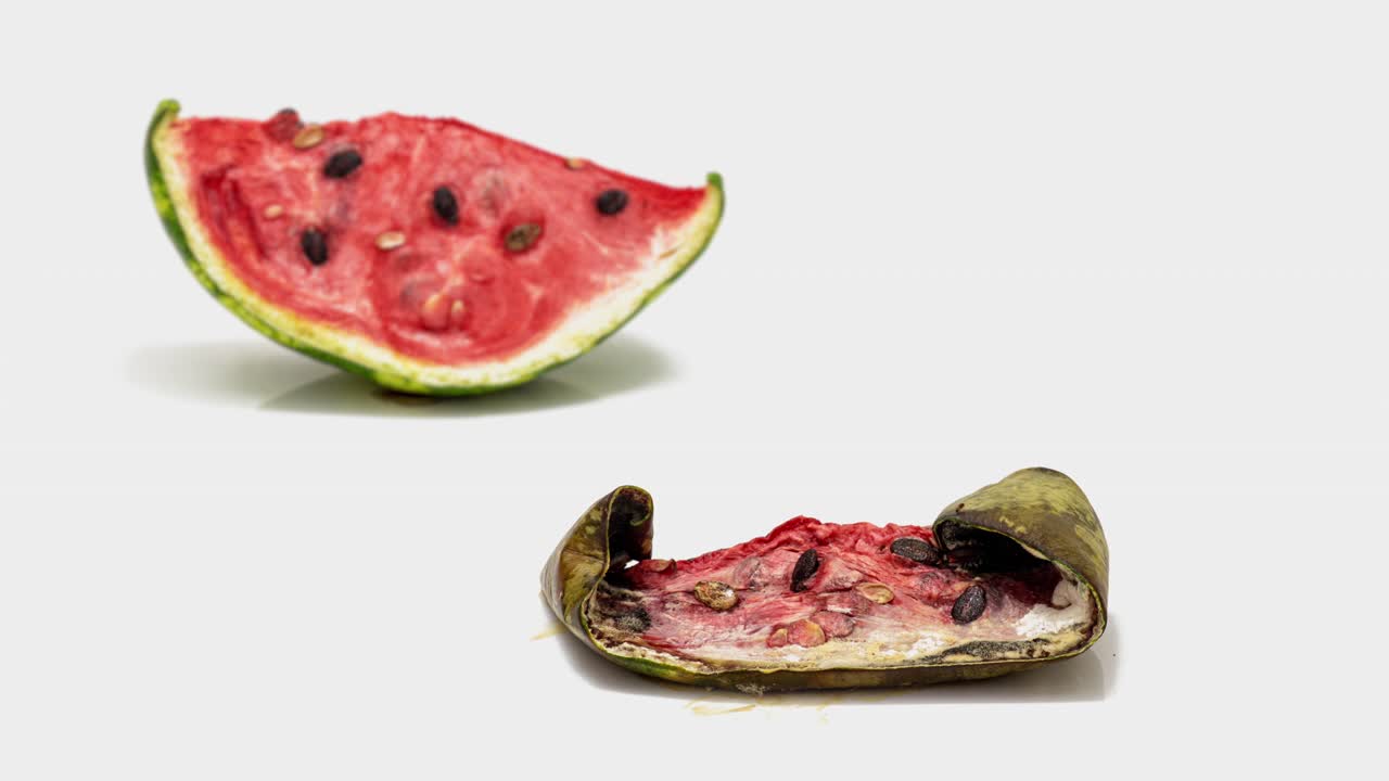 un pedazo de sandía madura pudriéndose sobre un fondo blanco, cámara lenta, video cognitivo educativo, video de bucle de inversión de tiempo