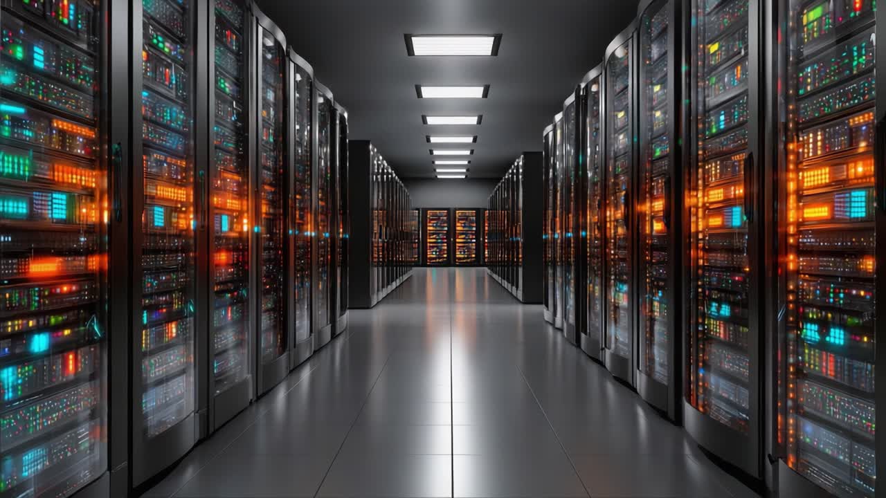 A High-Tech Data Center Showcasing Rows of Illuminated Servers and Advanced Networking Equipment in a Modern Facility Designed for Optimal Performance and Efficiency