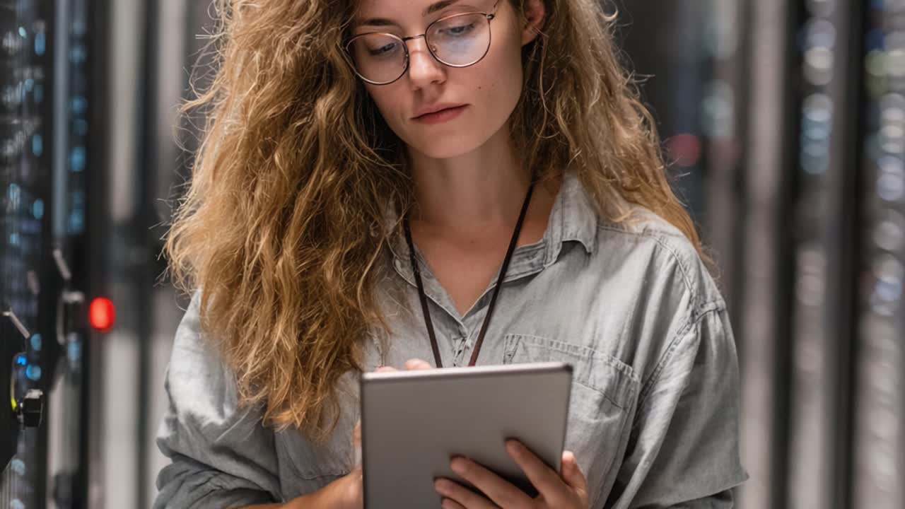 A focused individual analyzing data on a tablet while positioned within a high-tech server environment, showcasing a blend of modern technology and expertise