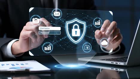 businessman securing company data with a holographic security shield lock on his desk