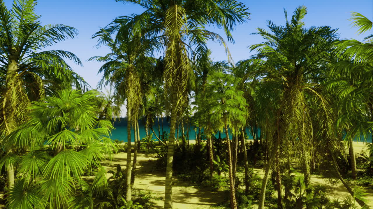 Serene tropical landscape with lush palm trees and clear blue ocean