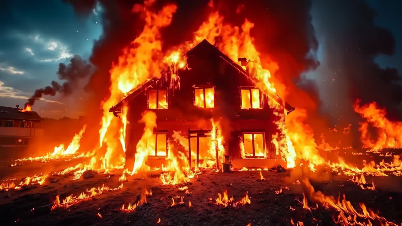 한 집이 들판 한가운데에서 불꽃에 싸여 있습니다.