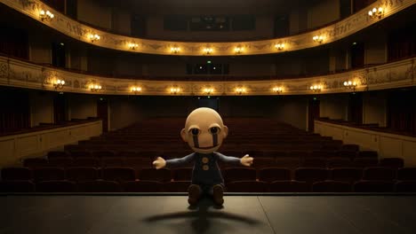 a charming puppet takes center stage in an abandoned theater, capturing the essence of performance and imagination amidst a sea of empty seats