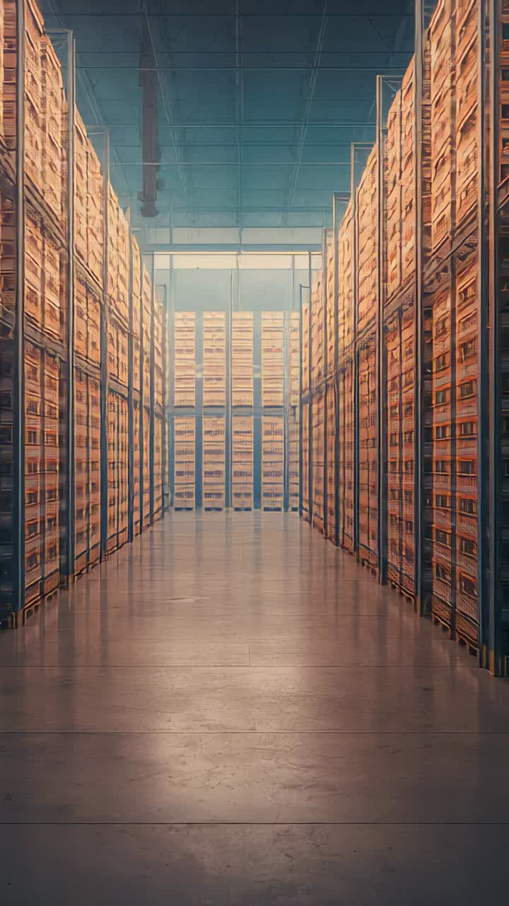 Vertical video: Moving camera pushing down warehouse aisle to showcase pallet racks and boxes