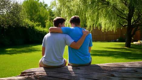 two friends embracing in a garden
