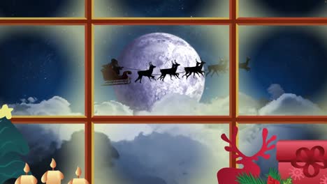 Animation-Der-Winterlandschaft-Und-Des-Weihnachtsmannschlittens-Durch-Das-Fenster-Gesehen