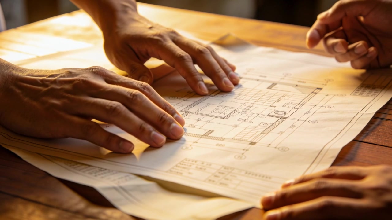 Pointing, three team hands smoothing and confirming layout after plans spread on desk, warm light