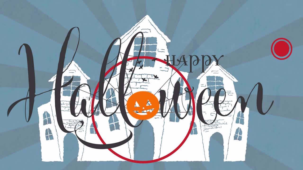 파란 줄무 ⁇ 에 집 위에 호박, 박 ⁇  및 빨간 원과 함께 행복한 할로윈 텍스트의 애니메이션