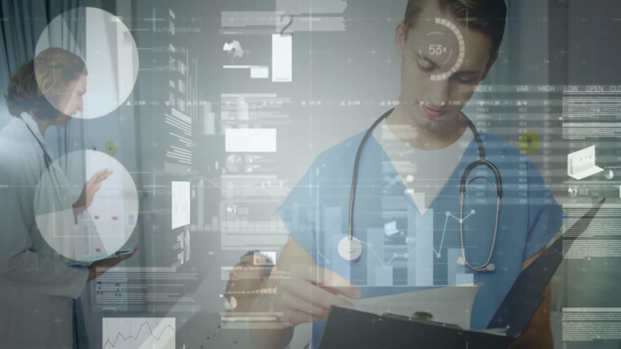 Animation of data processing over caucasian male health worker reading reports at hospital