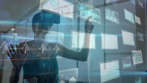 Animation-of-screens,-graphs-and-woman-wearing-vr-headset