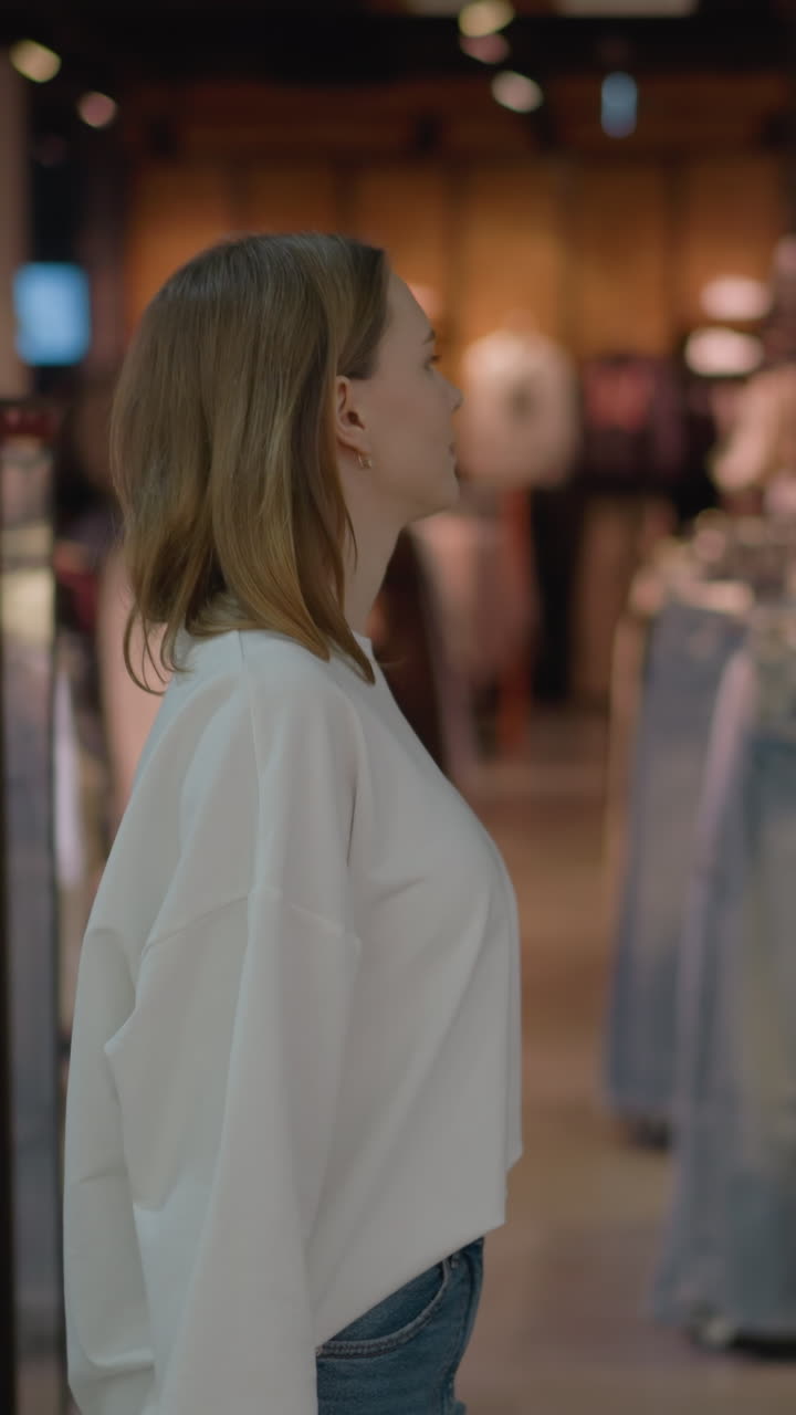 comprador de ropa blanca mirando la exhibición de la tienda de ropa con maniquíes borrosos, estantes de zapatos, ropa masculina y femenina, en un entorno minorista vibrante con un interior elegante