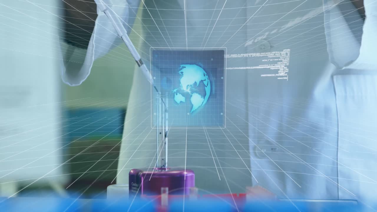 연구실에서 아프리카계 미국인 과학자 위에 화면에 지구로 데이터 처리의 애니메이션