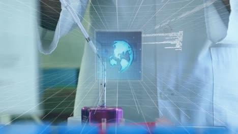 animación de procesamiento de datos con globo en la pantalla sobre científico afroamericano en el laboratorio