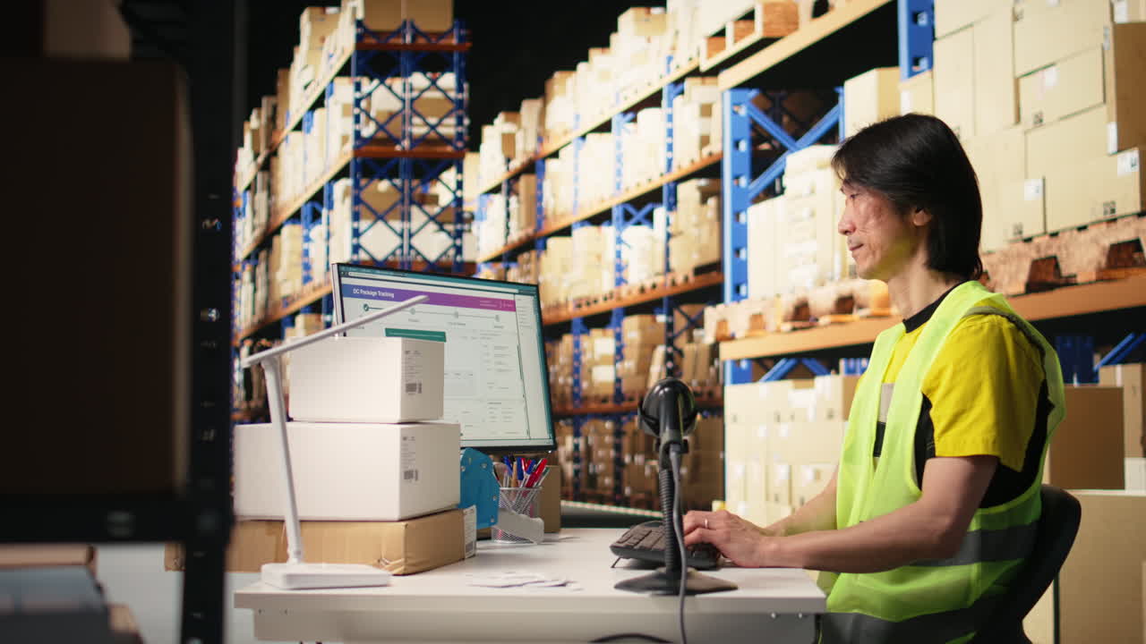 Vertical Video Tired overworked person in hi vis vest scanning shipping labels