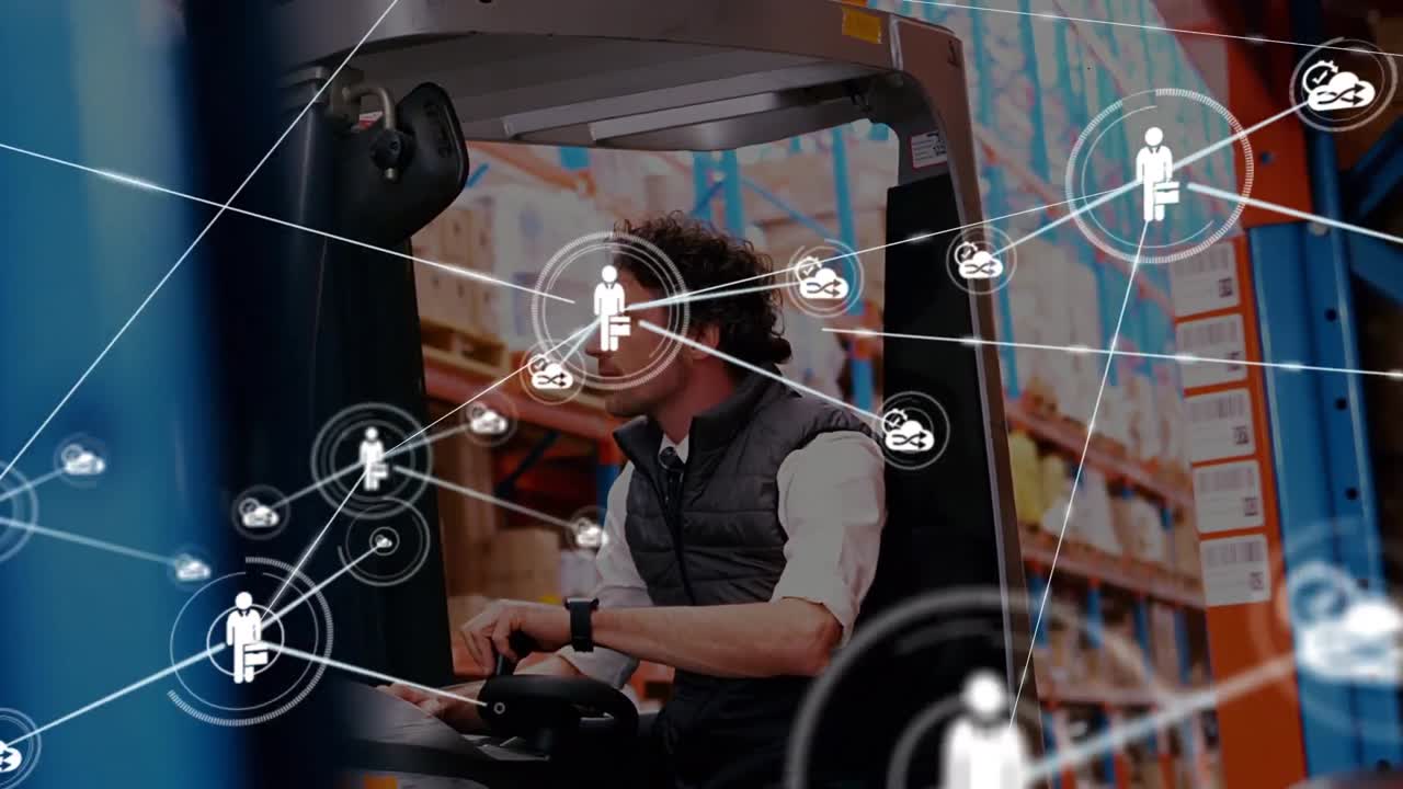 animación de la red de conexiones sobre el hombre caucásico en el almacén