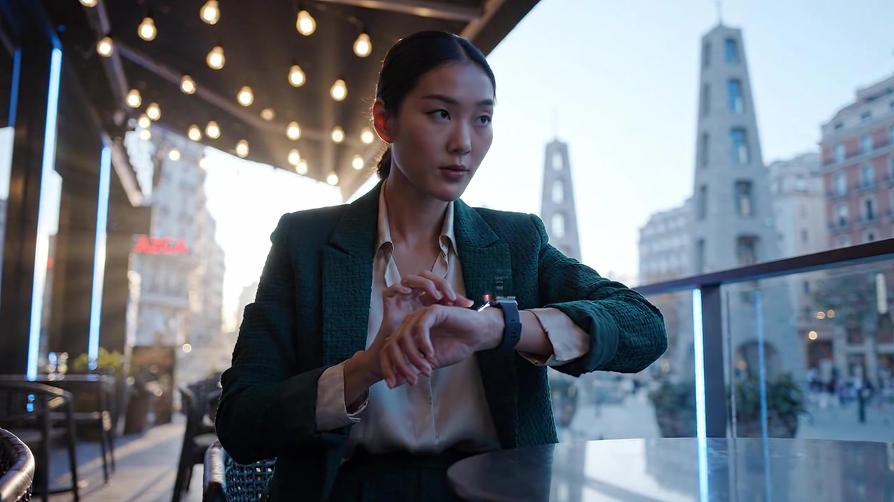 A woman in a stylish green blazer checks her smartwatch while seated at a table outside, with soft ambient lighting and an urban backdrop visible in the background.