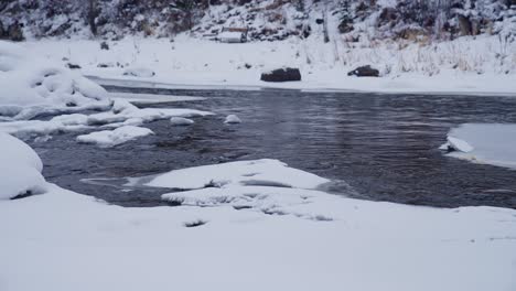 cold creek water and snowy fields, idyllic winter landscape