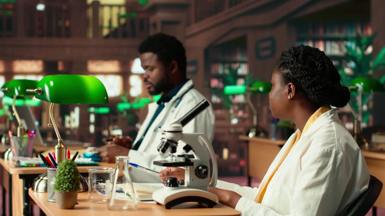 equipo de estudiantes negros investigando virus y métodos de microbiología con microscopio