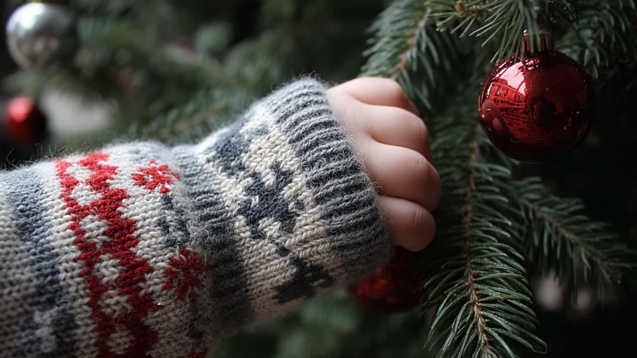 A Child's Hand Gently Reaches for the Festive Decorations on a Christmas Tree, Highlighting the Joy and Warmth of the Holiday Season with Red Ornaments