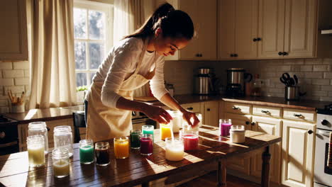 woman making colorful candles in her kitchen