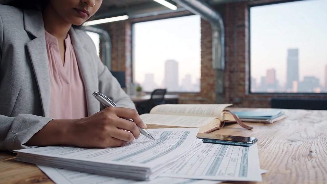 A focused individual reviewing documents at a wooden desk, with city skyline visible through large windows, emphasizing productivity and workplace ambiance.