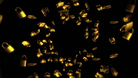 flying many golden padlocks on black background. security or secret protection concept. 3d animation of padlocks rotating. loop animation.