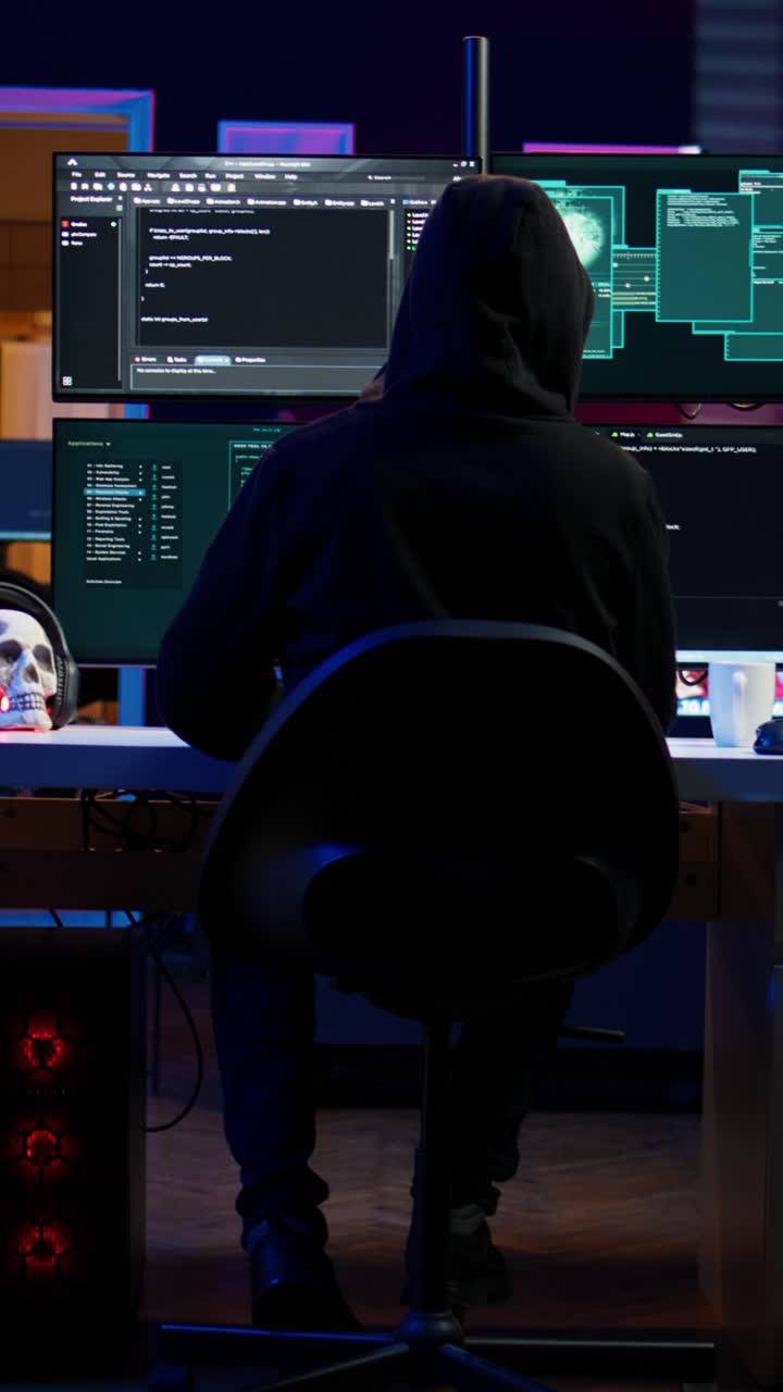 Højformatvideo. Erfaren hacker skriver kode på computer i en underjordisk bunker